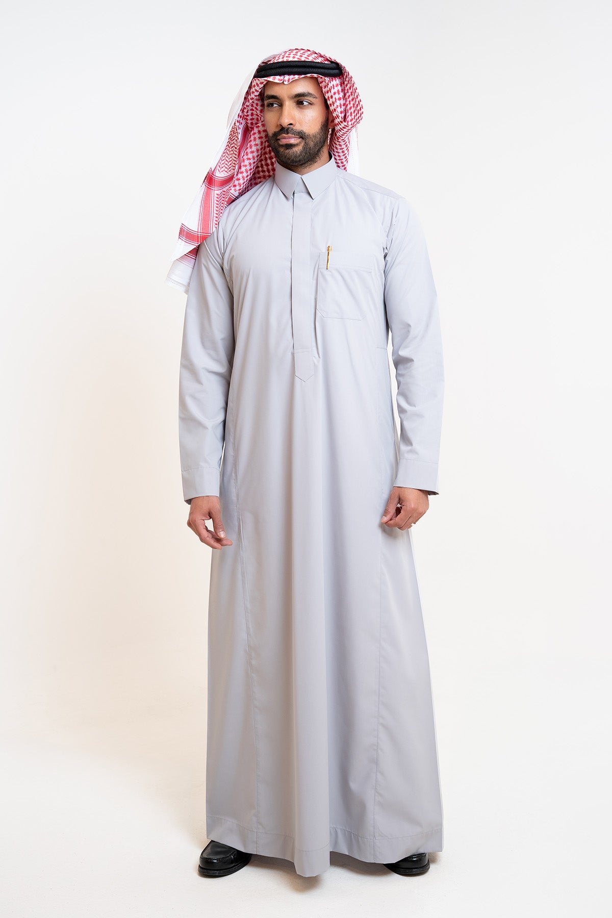 Men's semi-standing bisht-style thawb, flip collar, grey business thawb