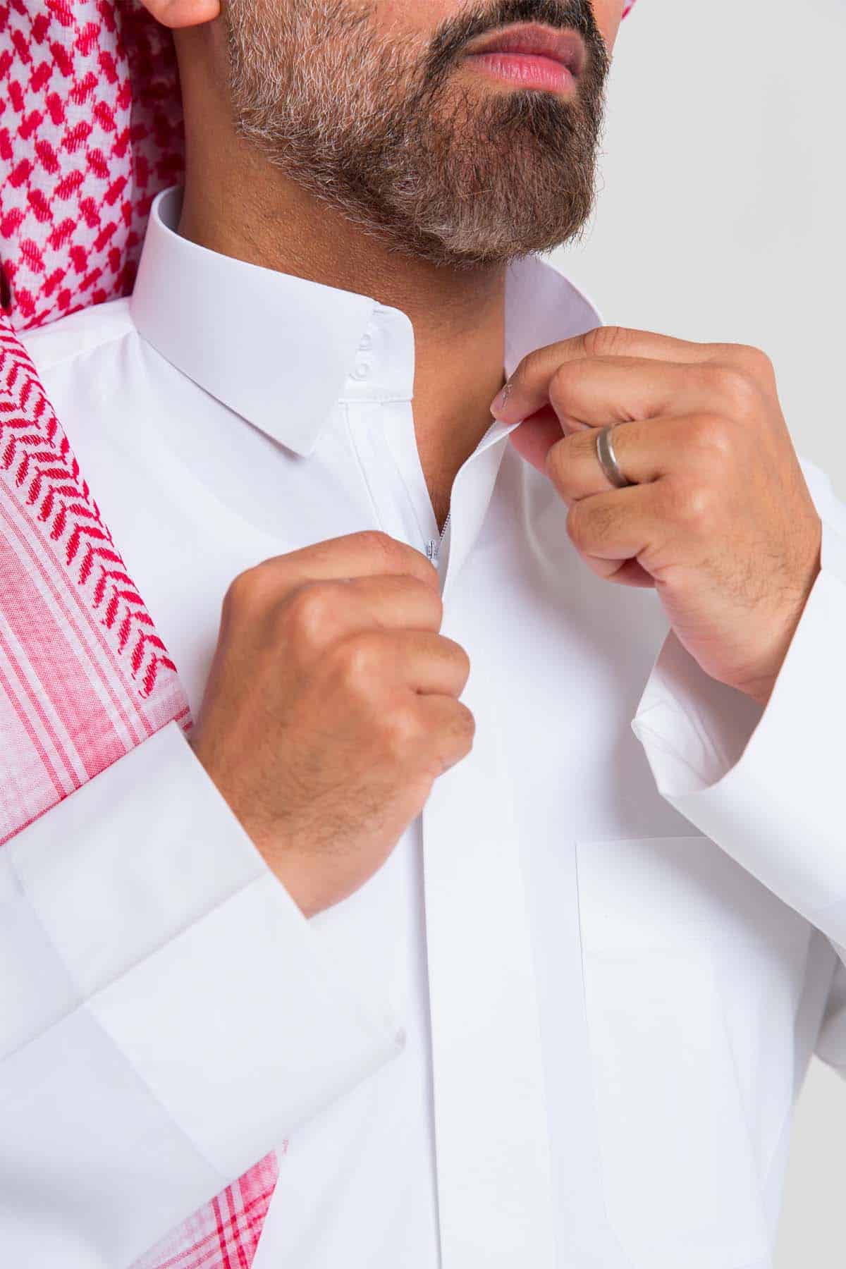 Prime Business Thobe - White - Plain Sleeves, Flip Collar