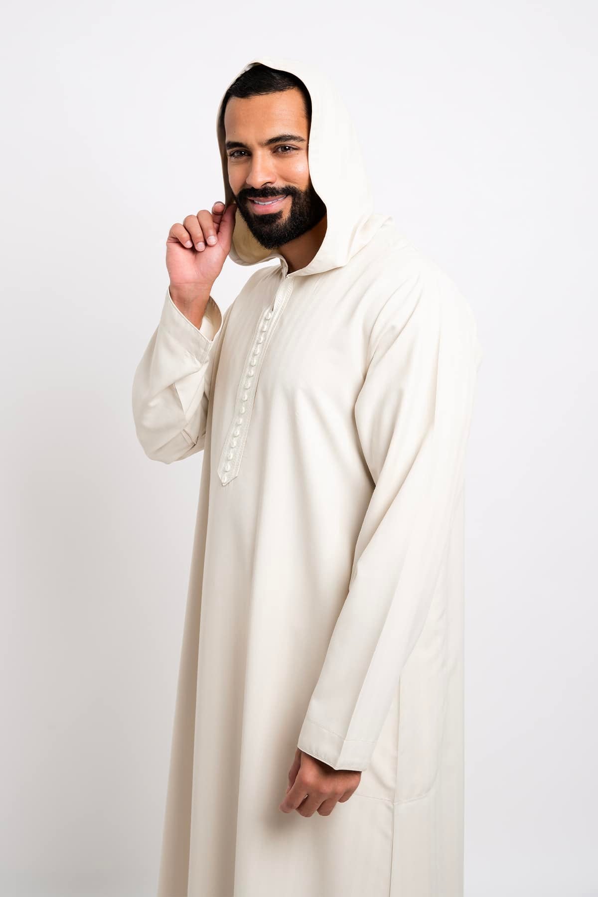 جلابية شتوي، طراز مغربي، أكمام طويلة, لون كريمي