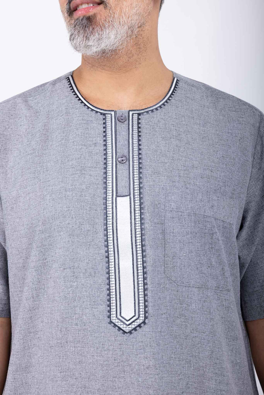 Men's light grey jalabiya with embroidered details, Arab style
