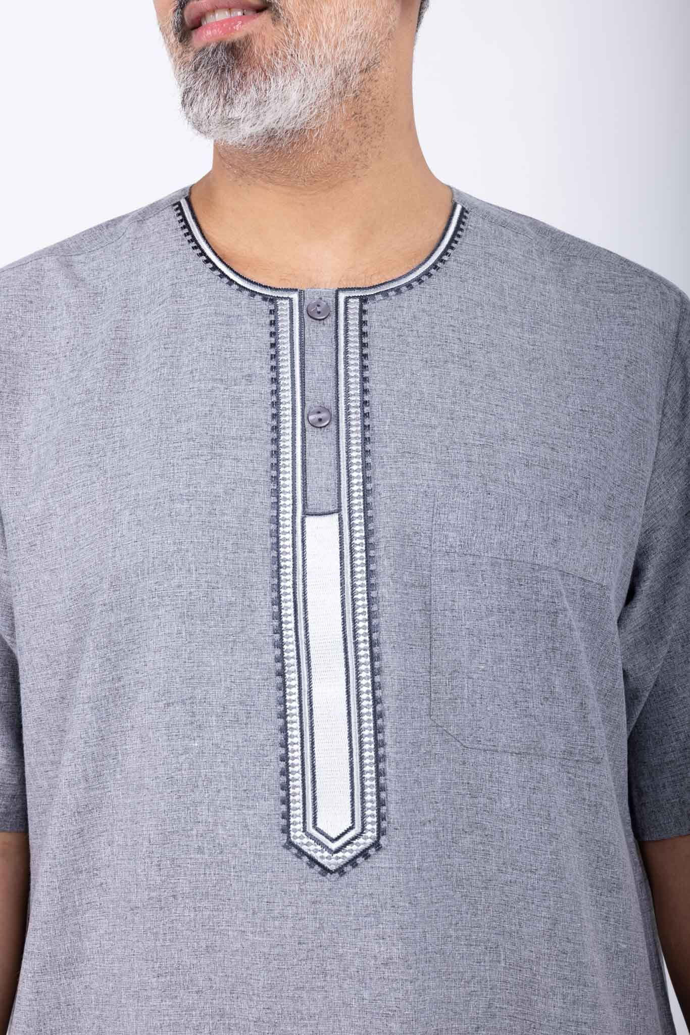 Men's light grey jalabiya with embroidered details, Arab style
