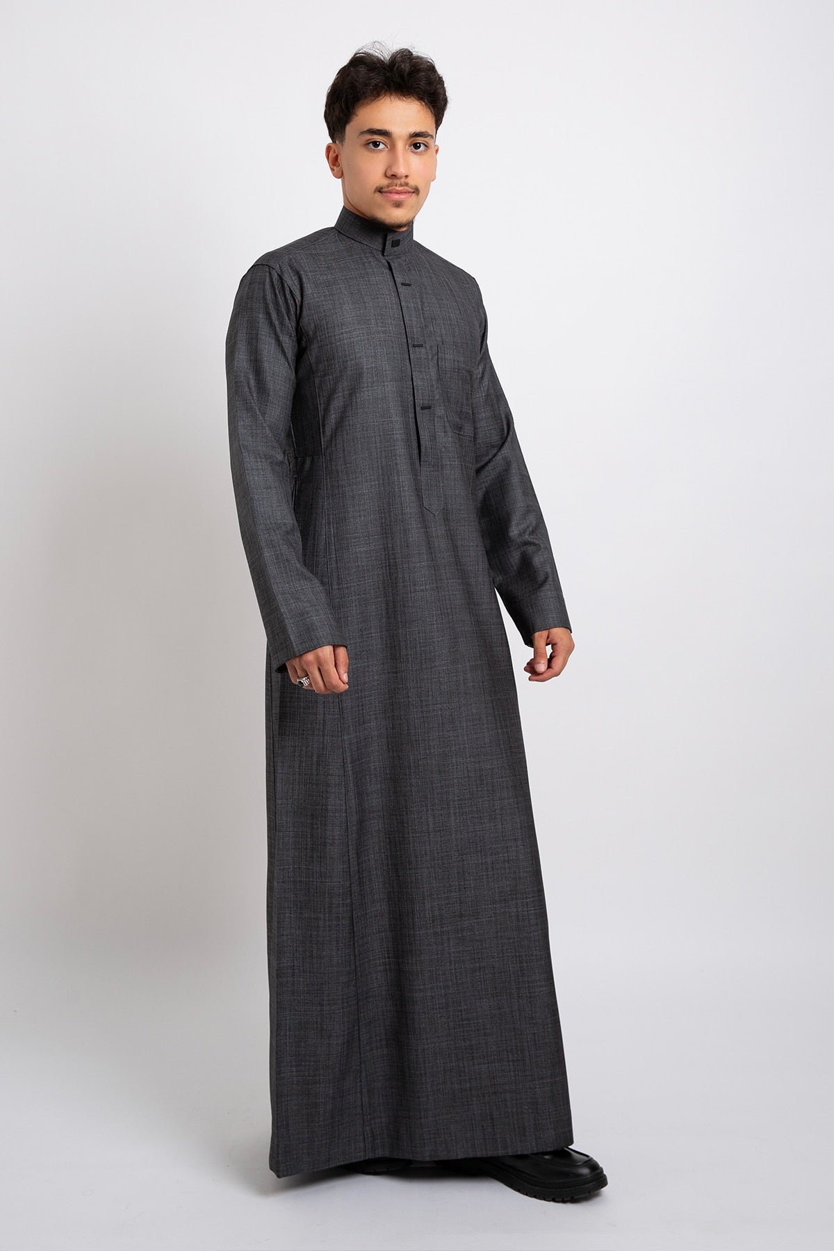 Winter dress, charcoal color, plain sleeves, youthful