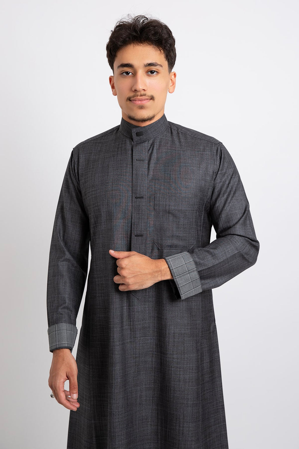 Winter dress, charcoal color, plain sleeves, youthful