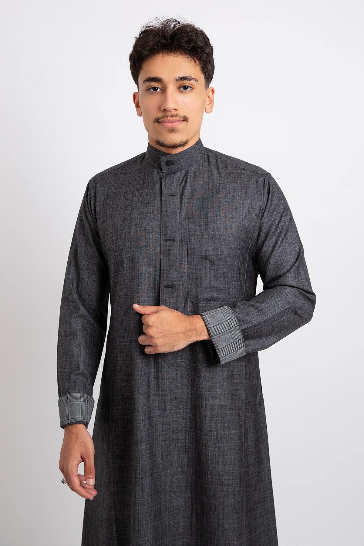 Winter dress, charcoal color, plain sleeves, youthful
