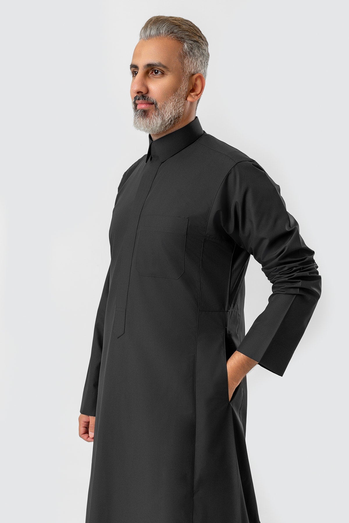 Black business suit, lapel collar