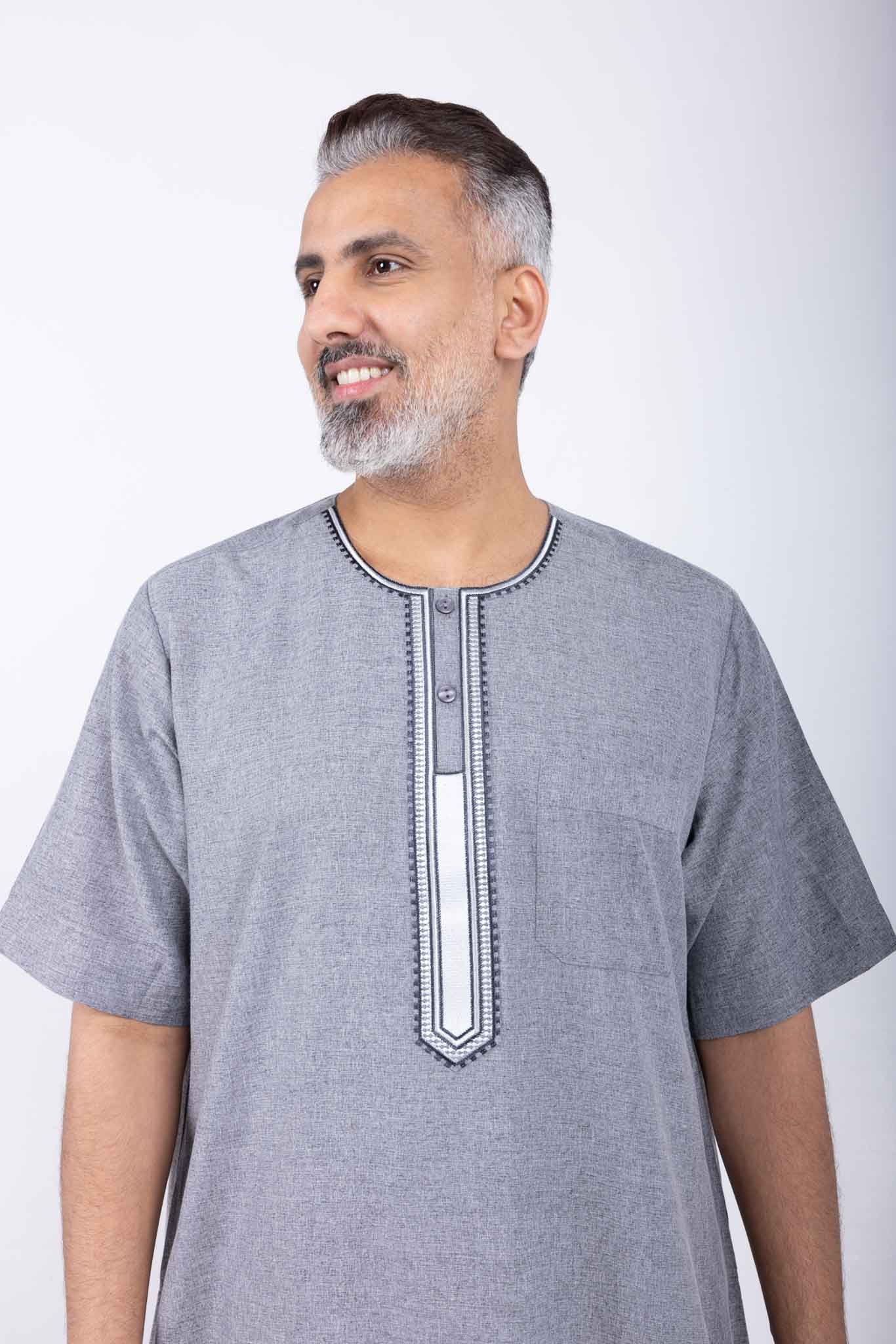 Men's light grey jalabiya with embroidered details, Arab style