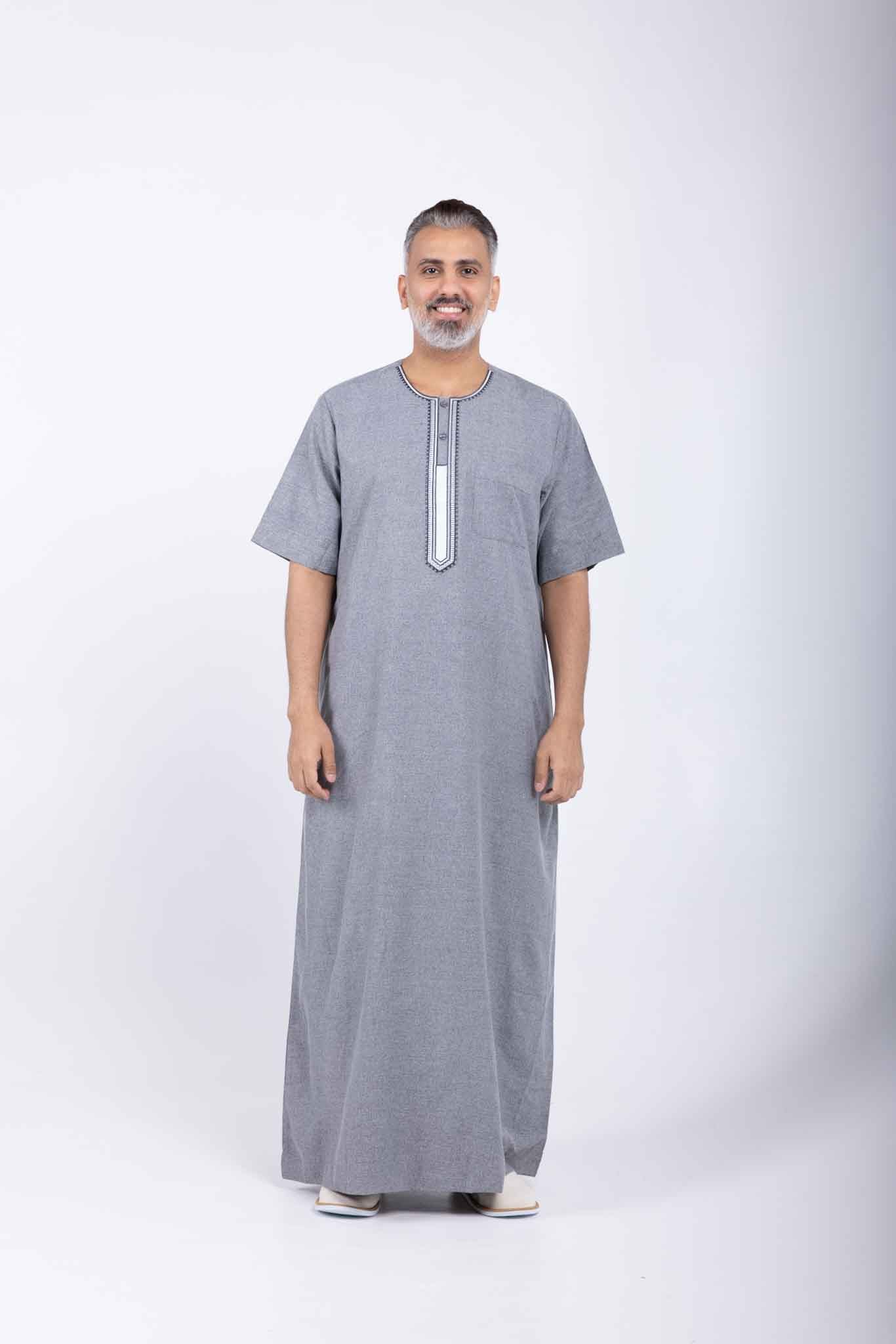 Men's light grey jalabiya with embroidered details, Arab style