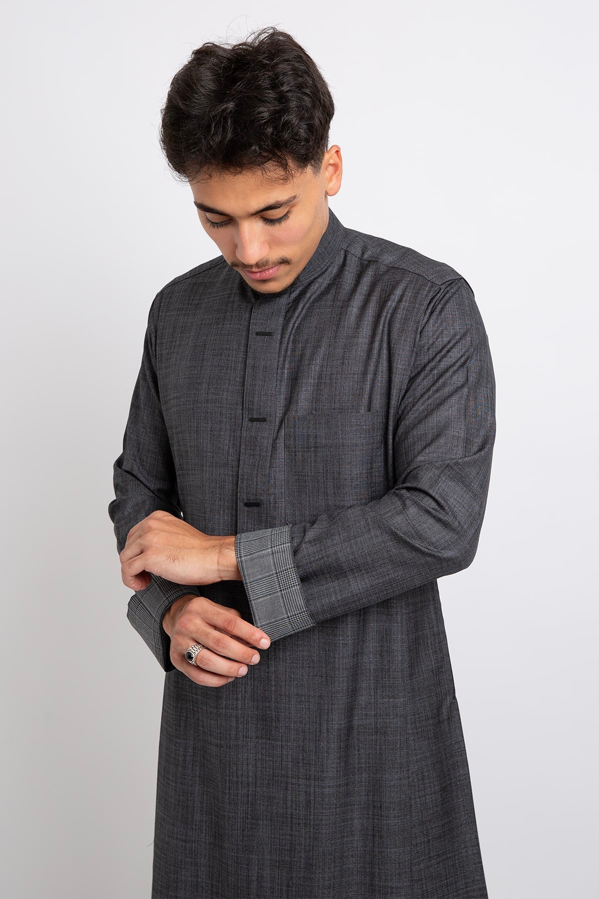 Winter dress, charcoal color, plain sleeves, youthful