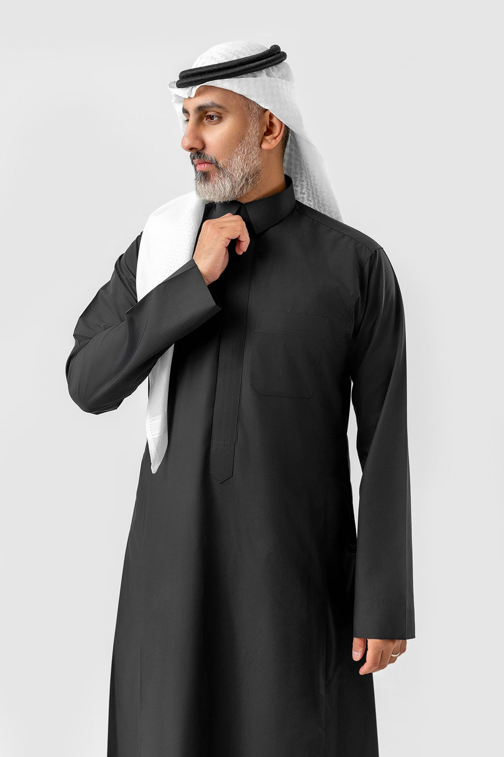 Black business suit, lapel collar