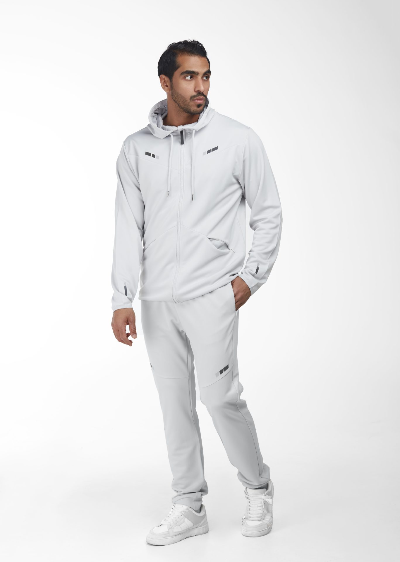 Light gray luminous print trousers, long trousers