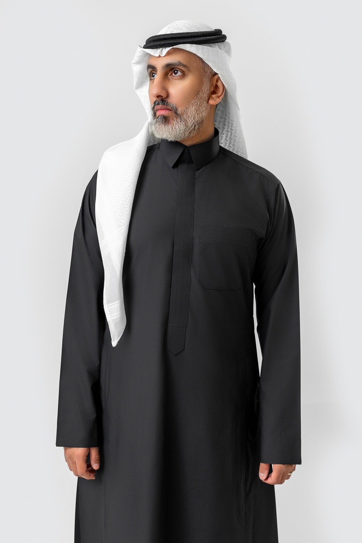 Black business suit, lapel collar