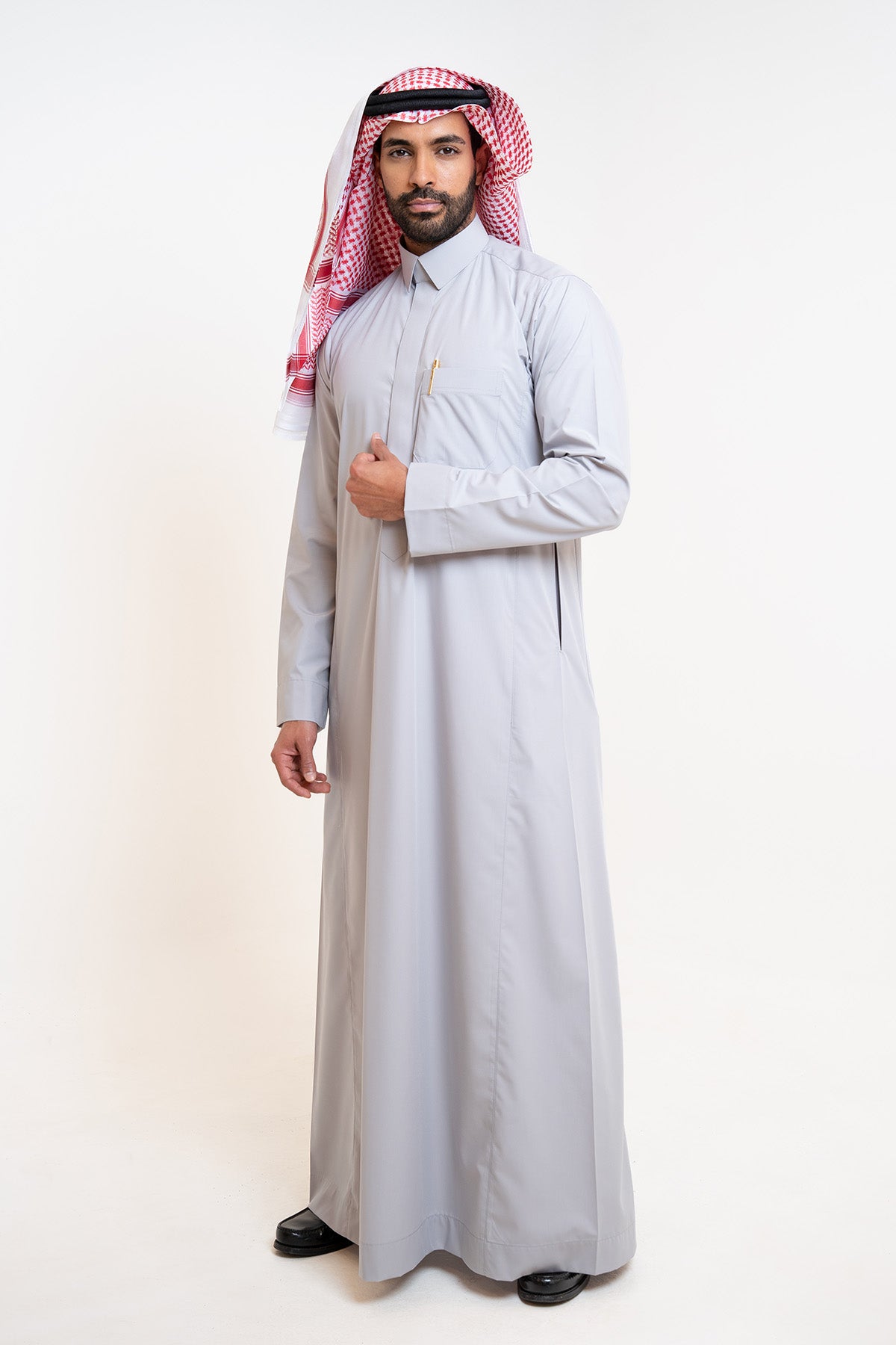 Men's semi-standing bisht-style thawb, flip collar, grey business thawb