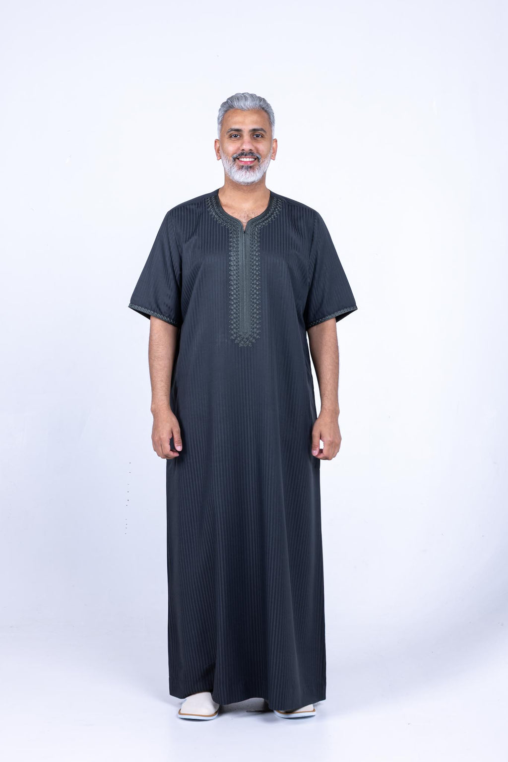 Embroidered stylish galabiya - olive green with short sleeves