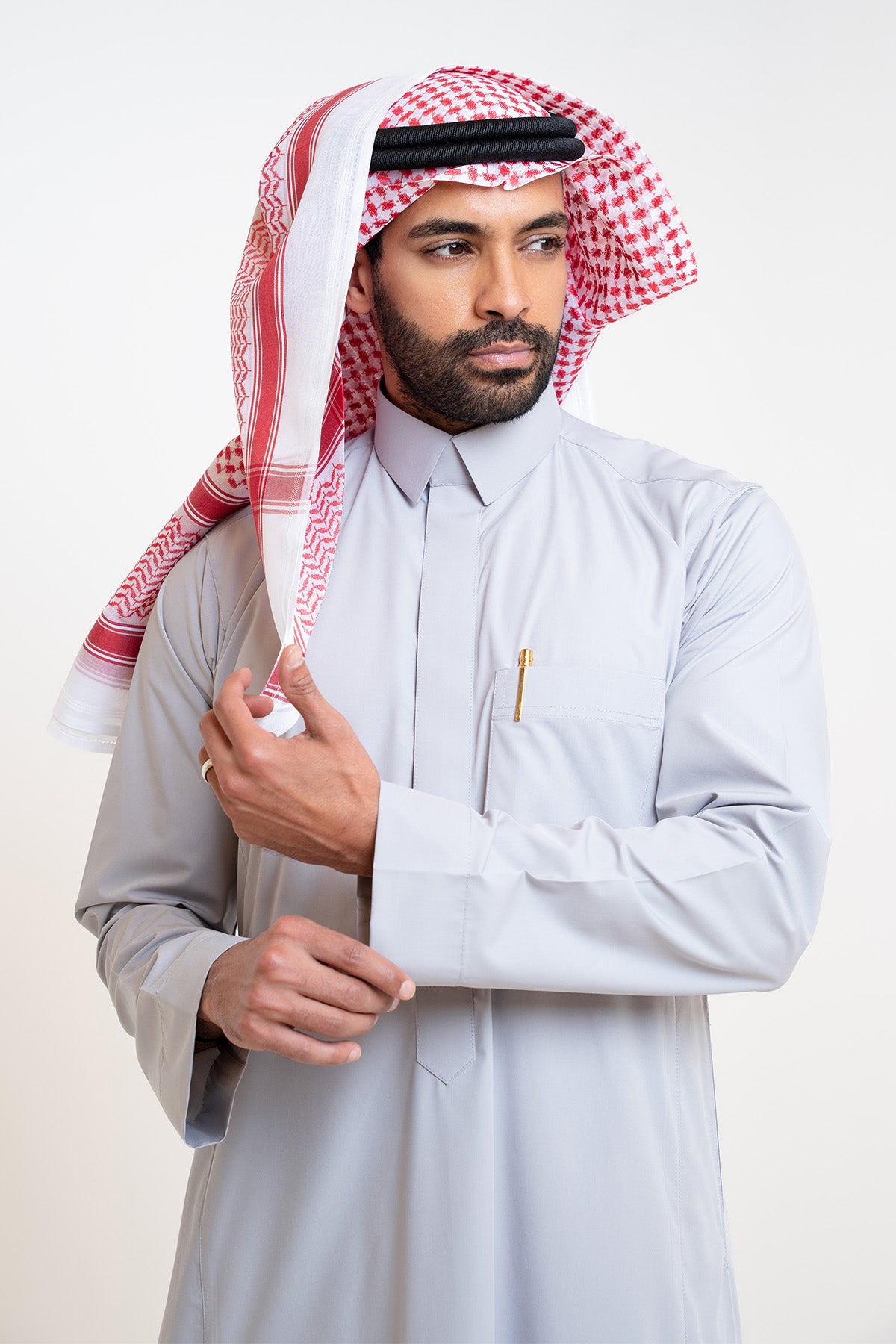 Men's semi-standing bisht-style thawb, flip collar, grey business thawb