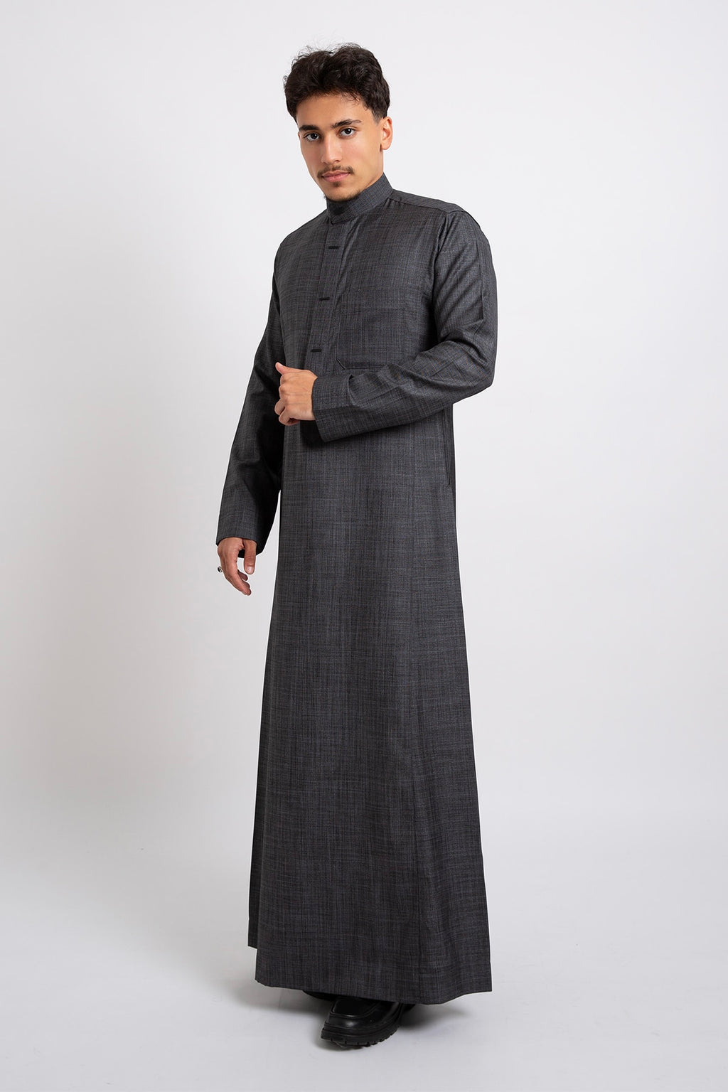 Winter dress, charcoal color, plain sleeves, youthful