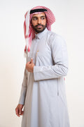 Men's semi-standing bisht-style thawb, flip collar, grey business thawb